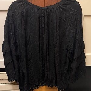 Johnny Was Black Embroidered Peasant Blouse
